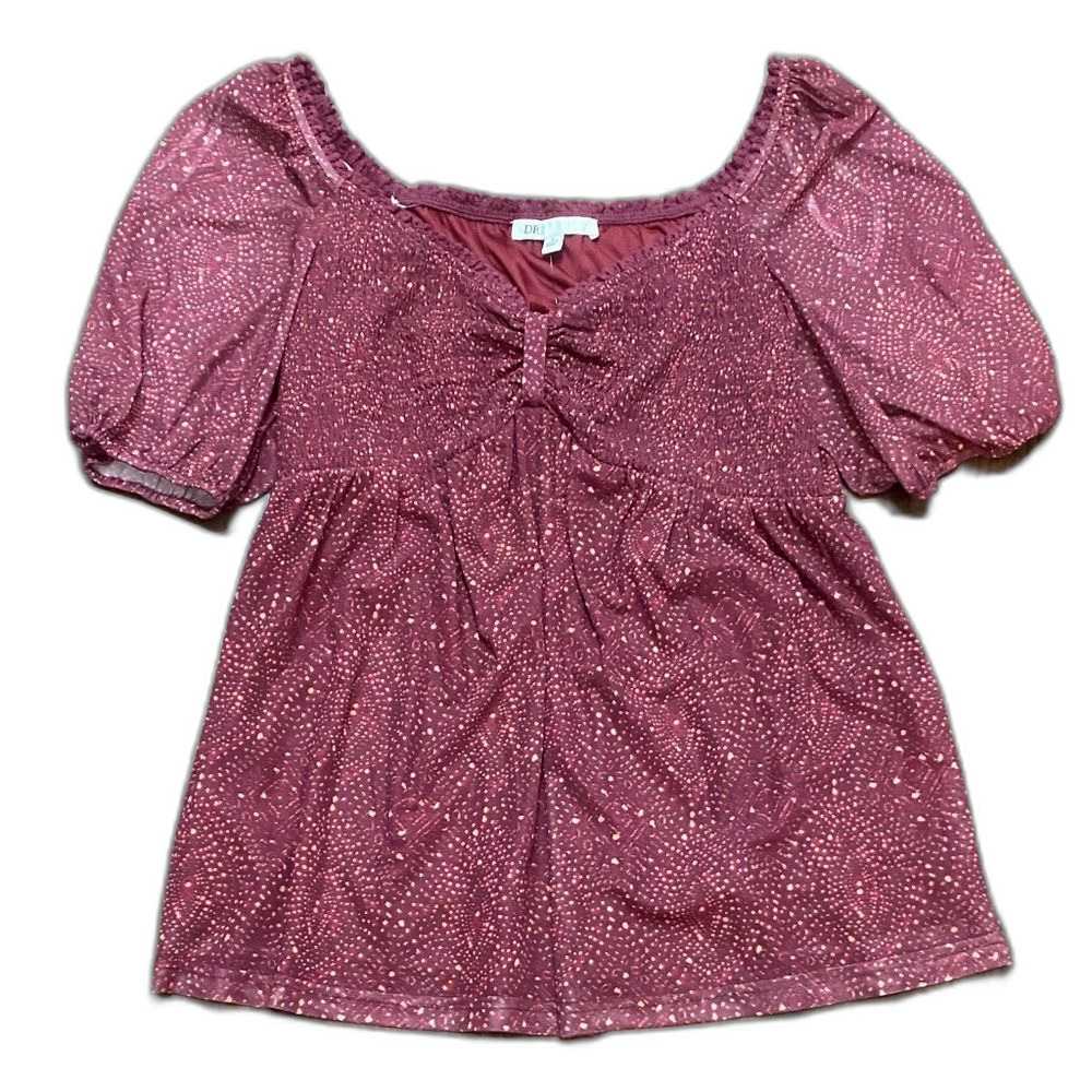 DR2 Daniel Rainn Blouse Smocked Sheer Sleeve Peplum Top